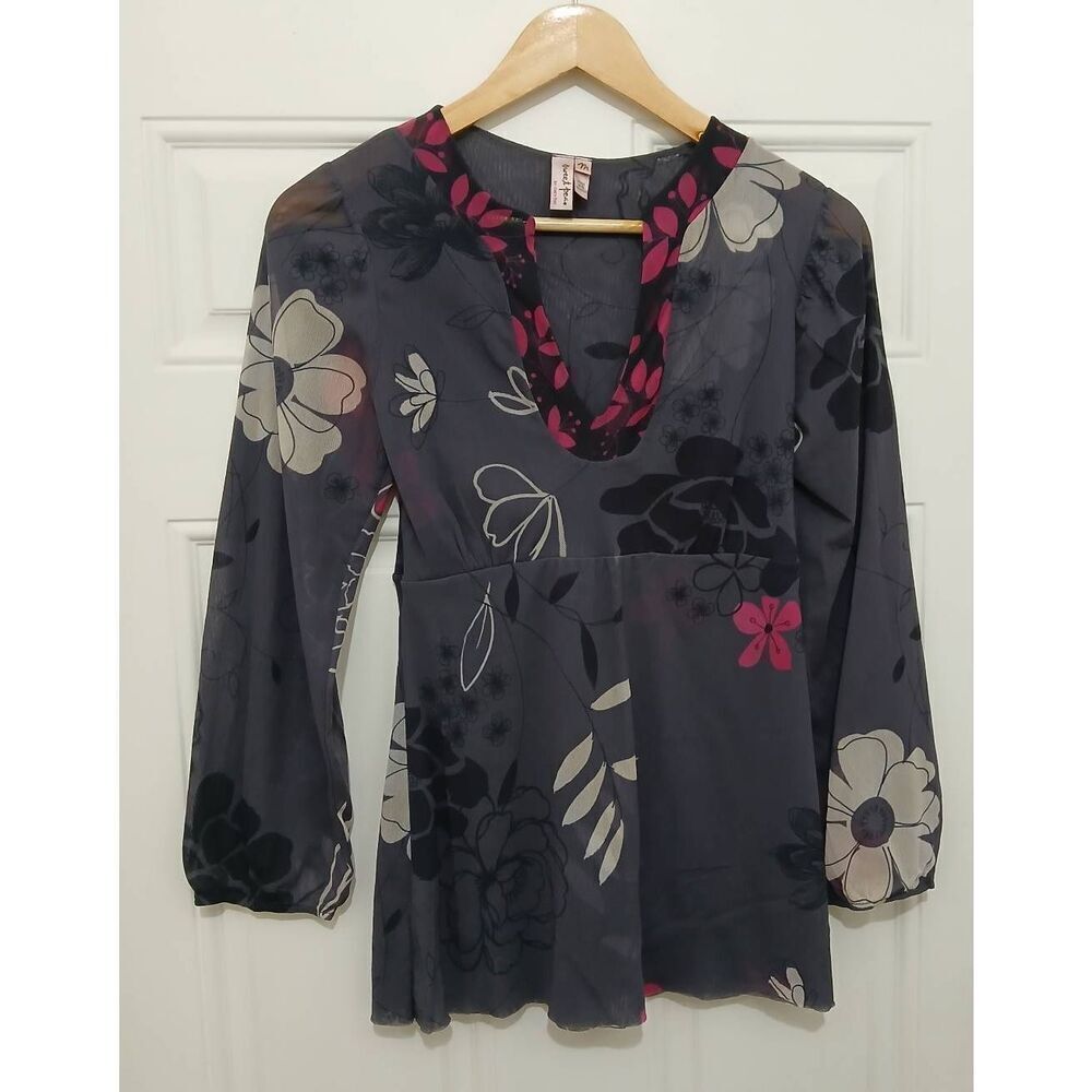 Y2k Vibrage Sweetpea women medium babydoll Italian fabric mesh gray pink floral